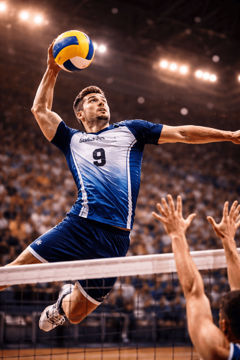 Joueur de volleyball en plein smash avec un maillot bleu et blanc personnalisé BlaydSport