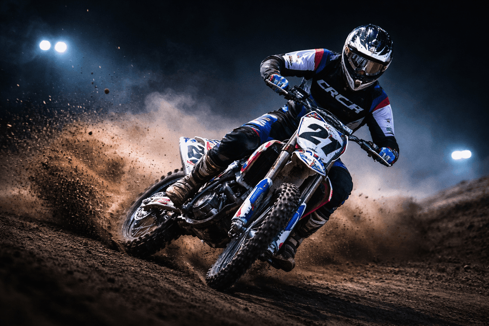 Pilote de motocross en course avec maillot et tenue personnalisés BlaydSport