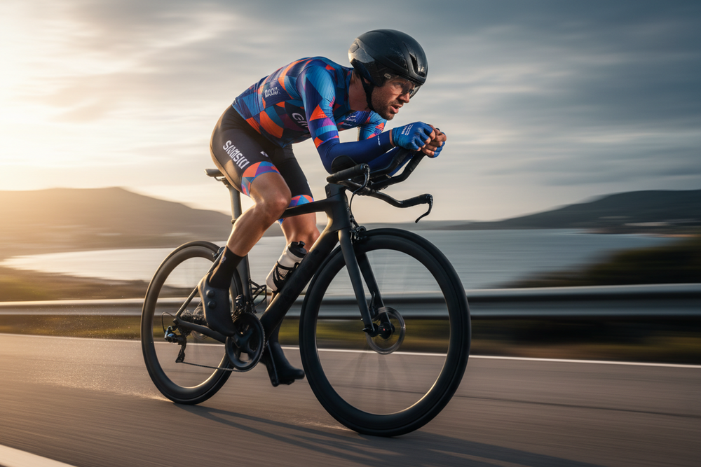 Cycliste de route en plein effort avec maillot et cuissard personnalisés BlaydSport